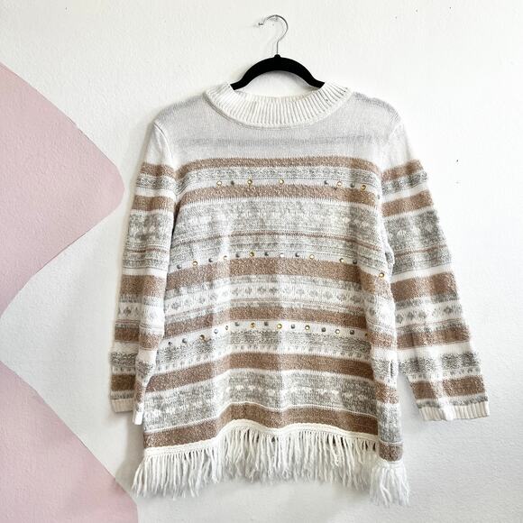 Alfred Dunner Striped Fringe Sweater Cozy Knit Classic Cottagecore Boho Large - Picture 2 of 8